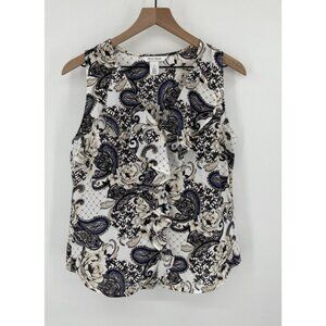 WHBM Sleeveless Blouse Women Small White Floral Paisley Ruffle V-Neck Workwear